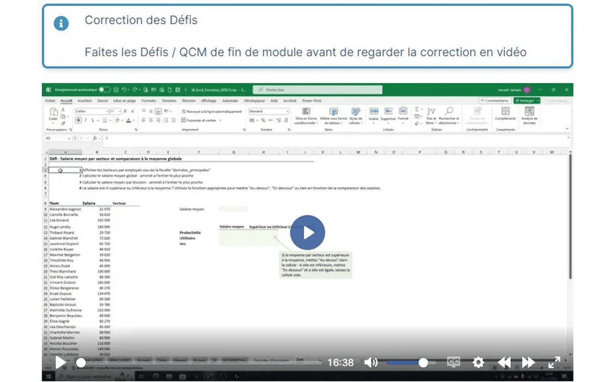 L'écran de correction des défis sur la plateforme