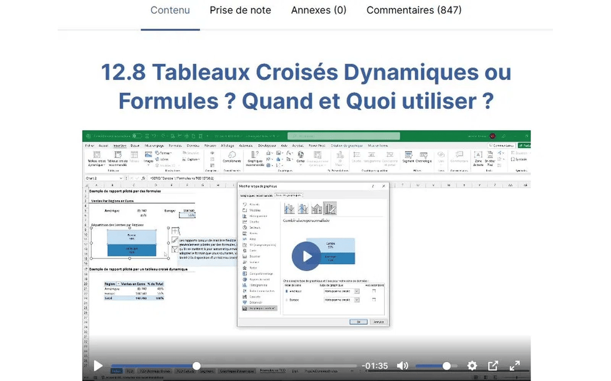 Le lecteur vidéo de la plateforme, une leçon Excel en cours